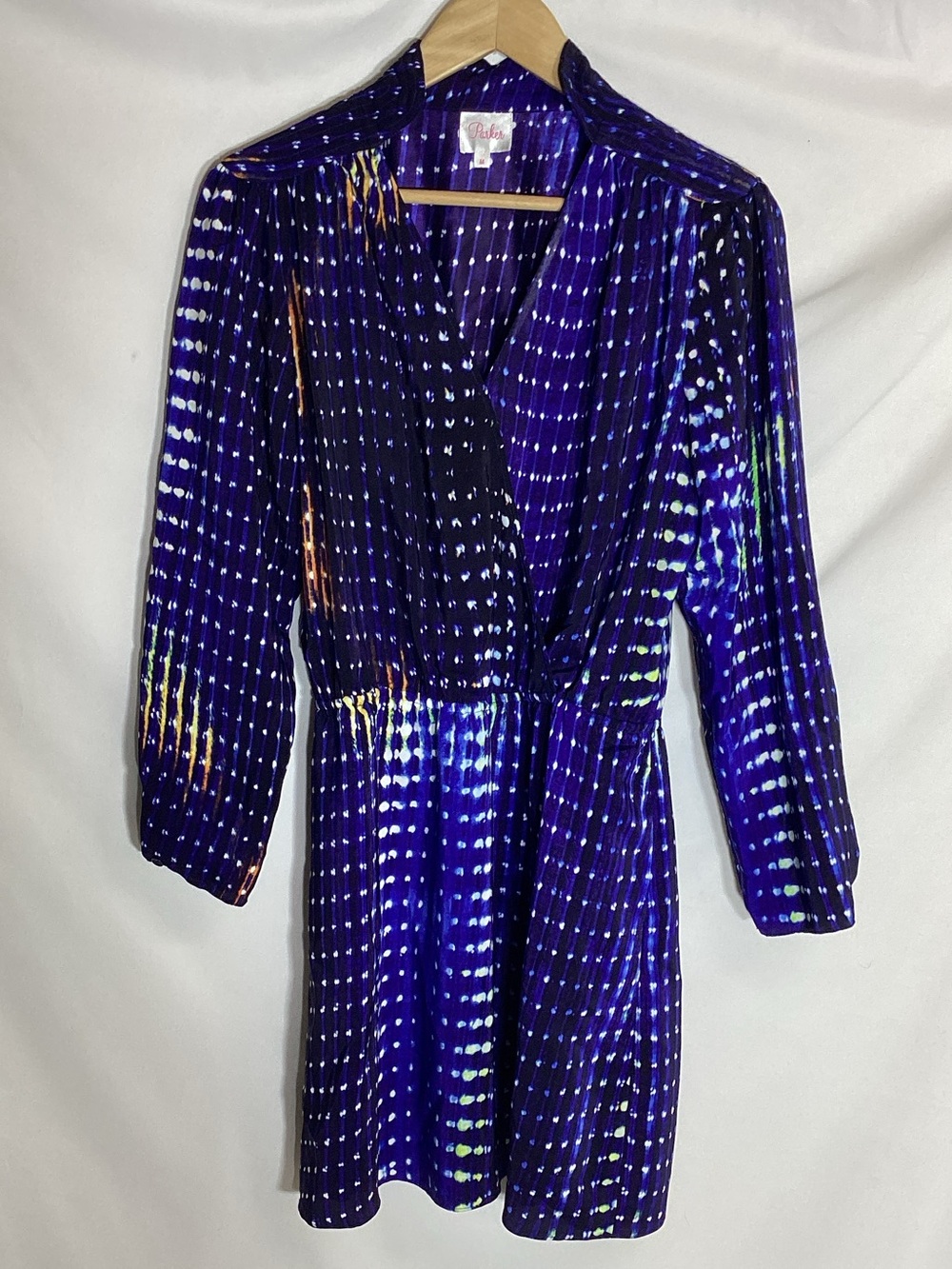 PARKER 100% Silk Faux Wrap Front Long Sleeve Multi Color Size Medium